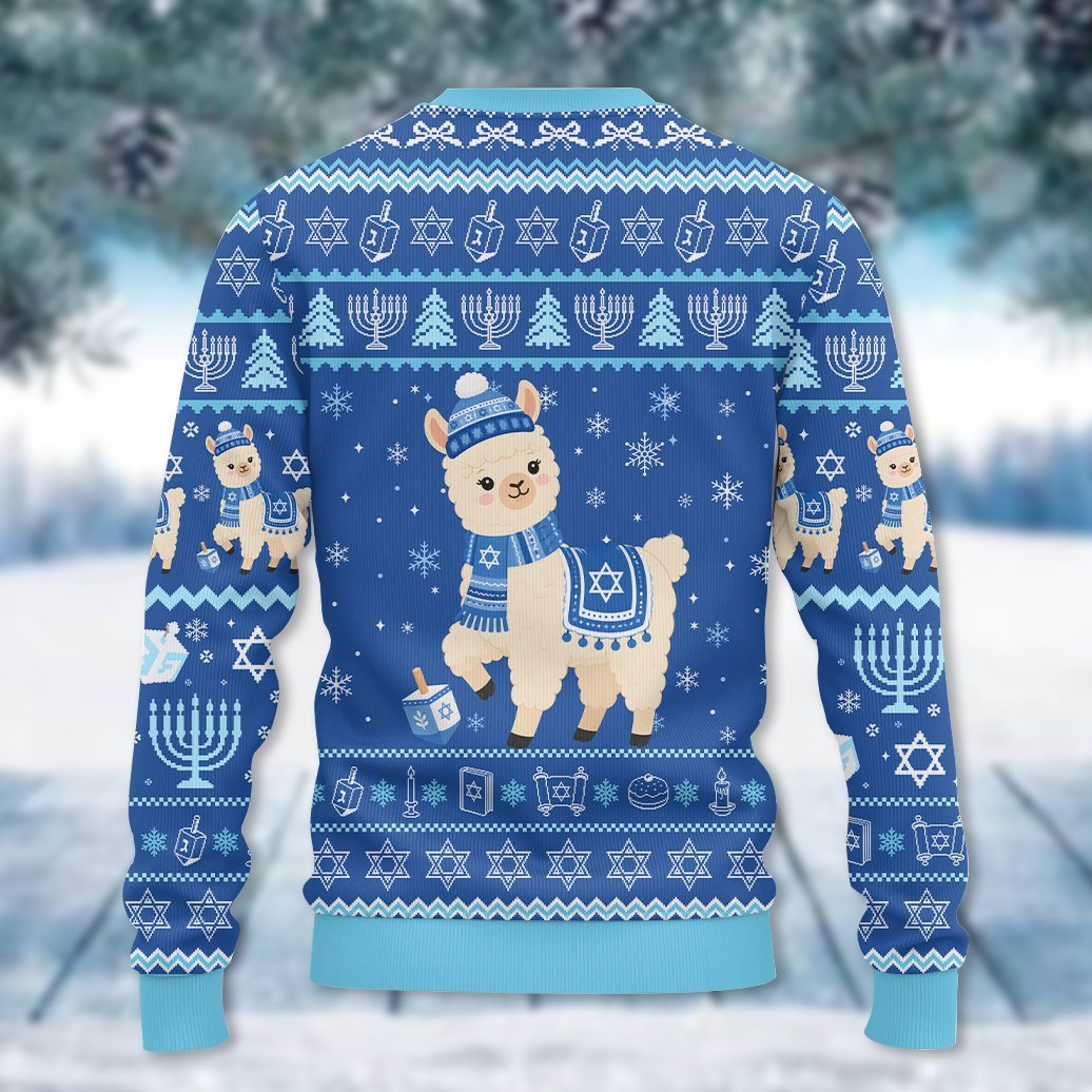 alternate back view of the happy llamakah holiday sweater