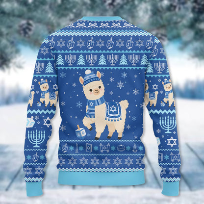 alternate back view of the happy llamakah holiday sweater