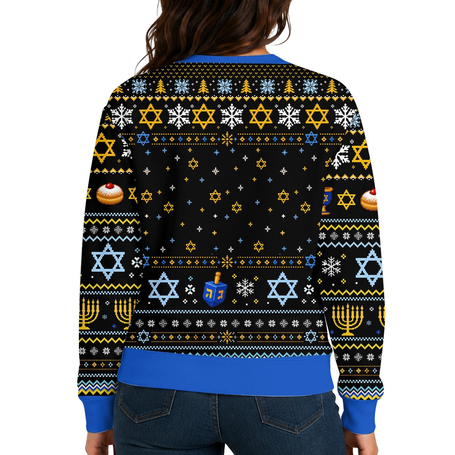 Detailed back view of the pixelated hanukkah ugly sweater