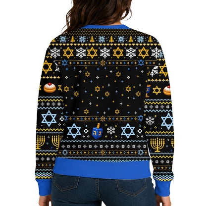 Detailed back view of the pixelated hanukkah ugly sweater