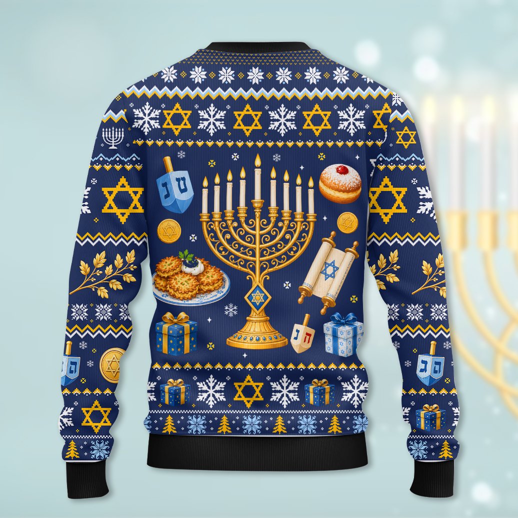 Alternative back view showing the seamless holiday motifs on the ugly hanukkah sweater