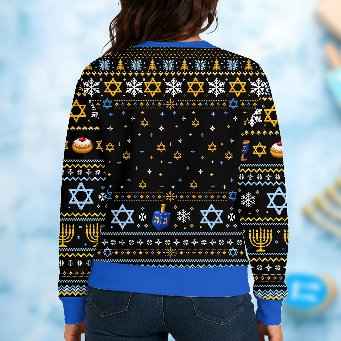Another back angle of the festive adult hanukkah sweater