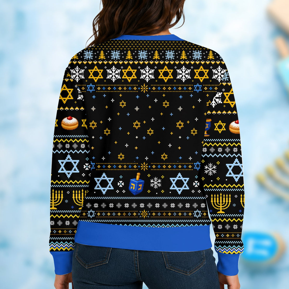 Another back angle of the festive adult hanukkah sweater