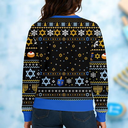 Another back angle of the festive adult hanukkah sweater