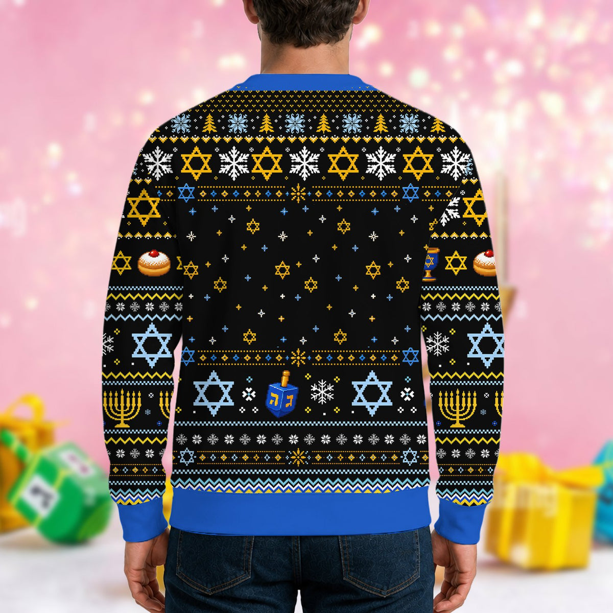 Back view of the polyester hanukkah ugly sweater