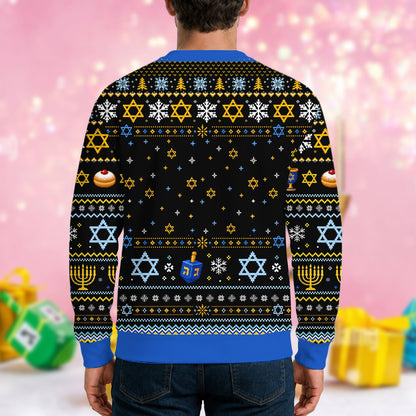 Back view of the polyester hanukkah ugly sweater