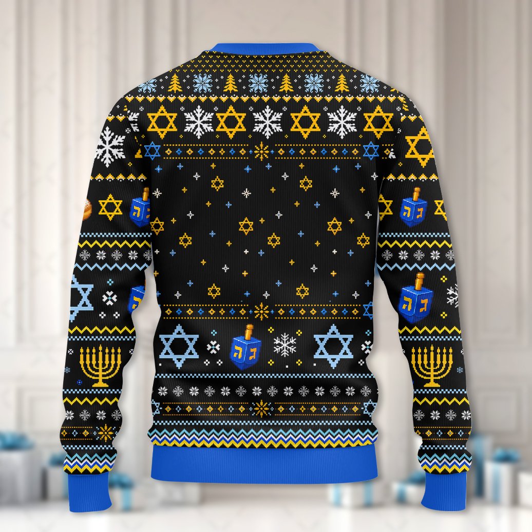 Back view of the multicolor hanukkah holiday sweater