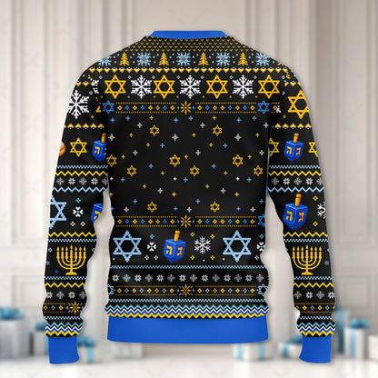 Back view of the multicolor hanukkah holiday sweater