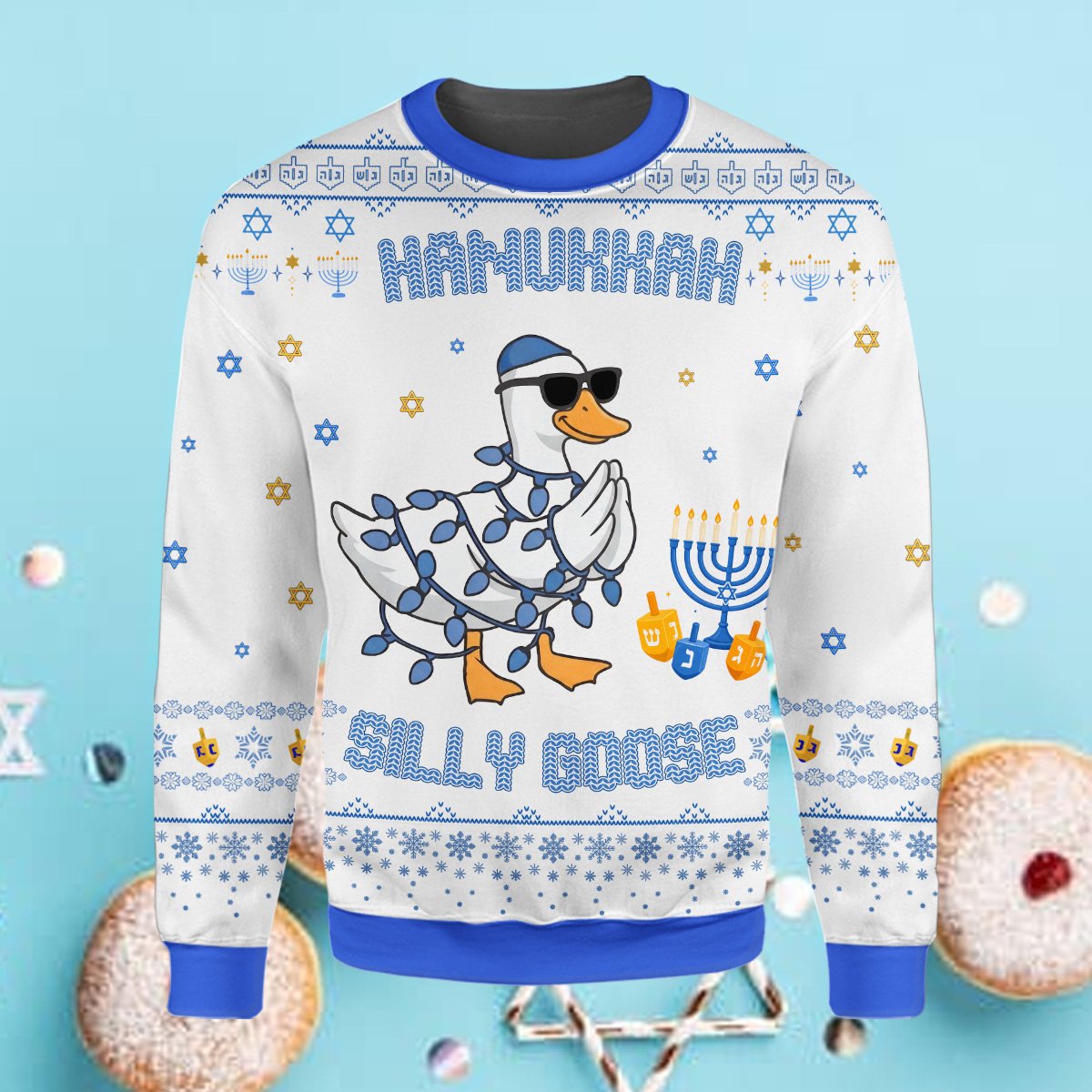 Multicolor styling view of the silly goose ugly holiday sweater