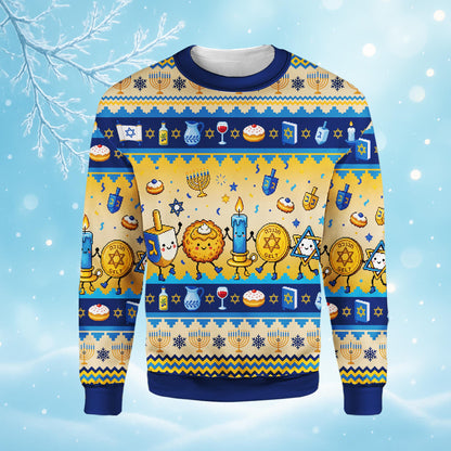 Front detail of the ugly hanukkah sweater with yellow and blue stripes