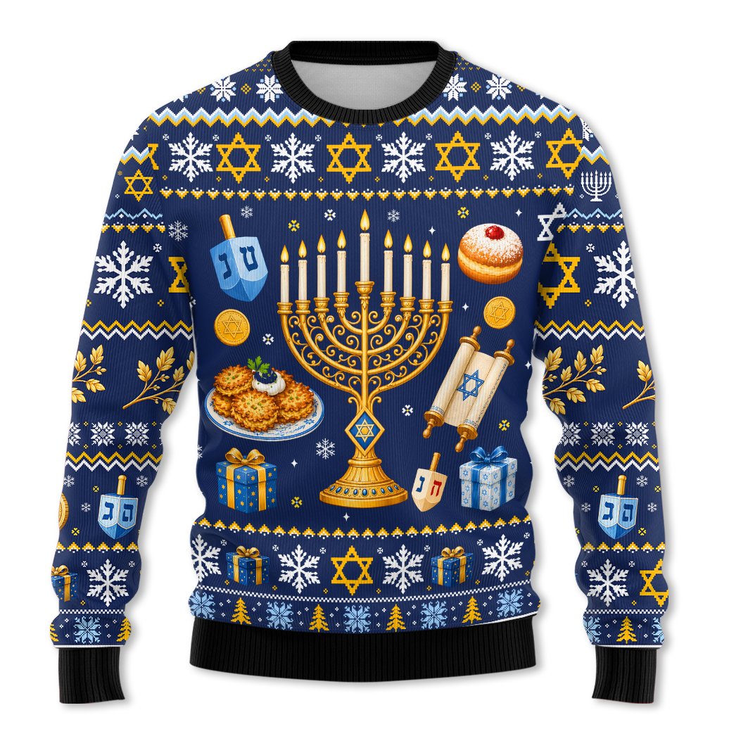 Front view of the navy hanukkah ugly sweater featuring sufganiyot and latke motifs