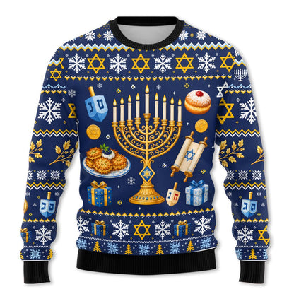 Front view of the navy hanukkah ugly sweater featuring sufganiyot and latke motifs