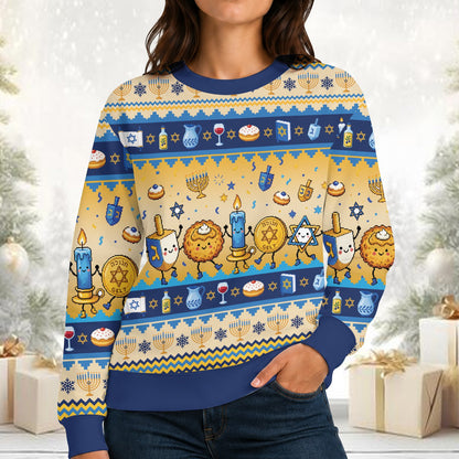 Lifestyle image showing the hanukkah ugly sweater at a winter gathering