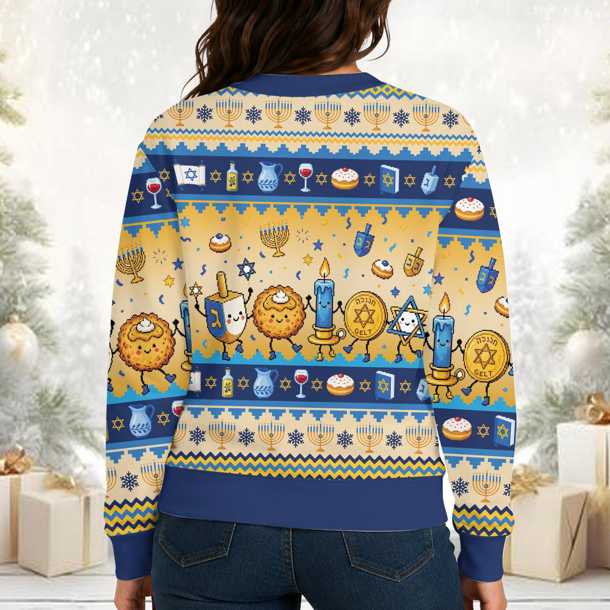 Another lifestyle view of the holiday ugly sweater in a festively decorated setting