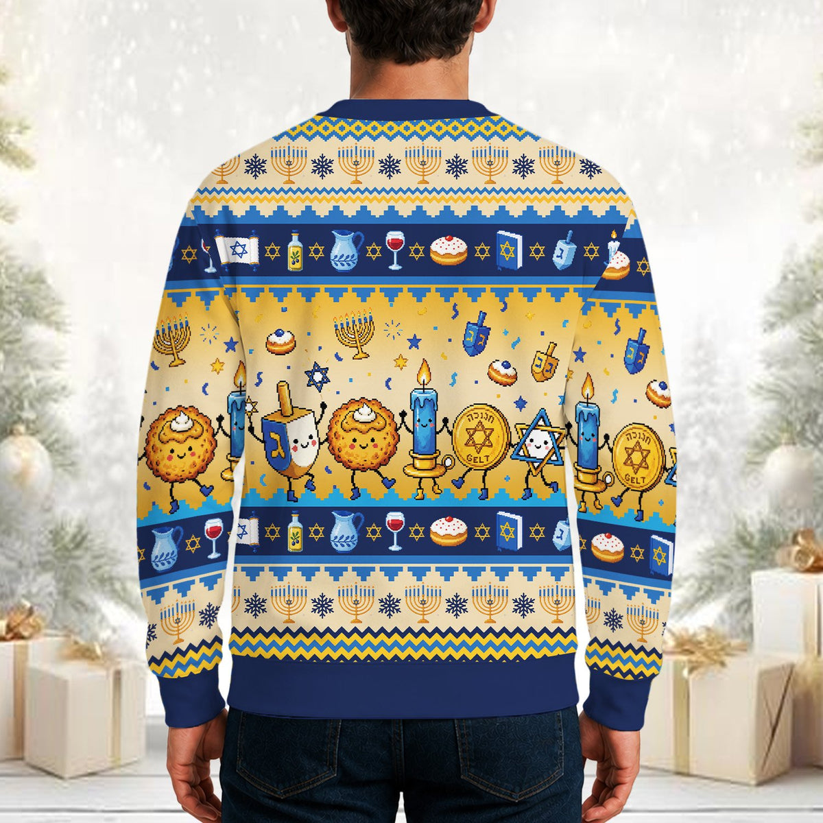 Adult modeling the yellow and blue striped hanukkah sweater outdoors