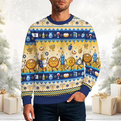 Final lifestyle shot of the pixel art holiday ugly sweater worn casually