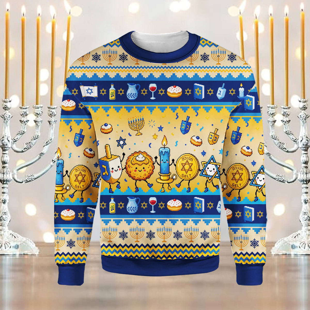 Lifestyle view of an adult wearing the pixel art ugly hanukkah sweater