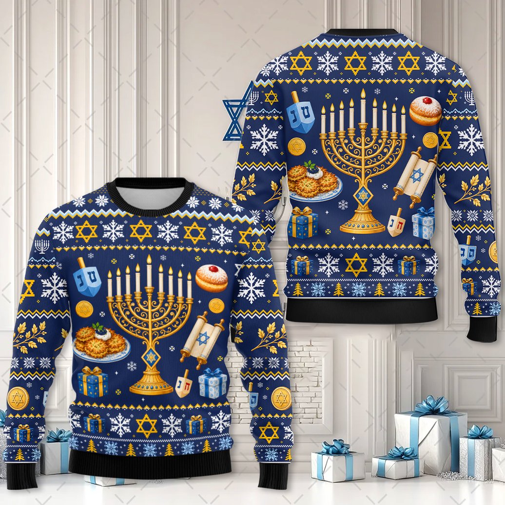 Close-up detail of the hanukkah motifs on the navy polyester ugly sweater