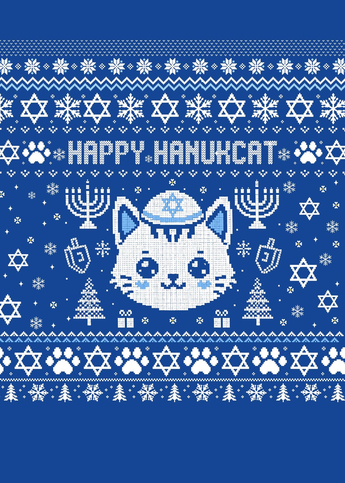 Front detail of the blue holiday ugly sweater with faux knit pattern