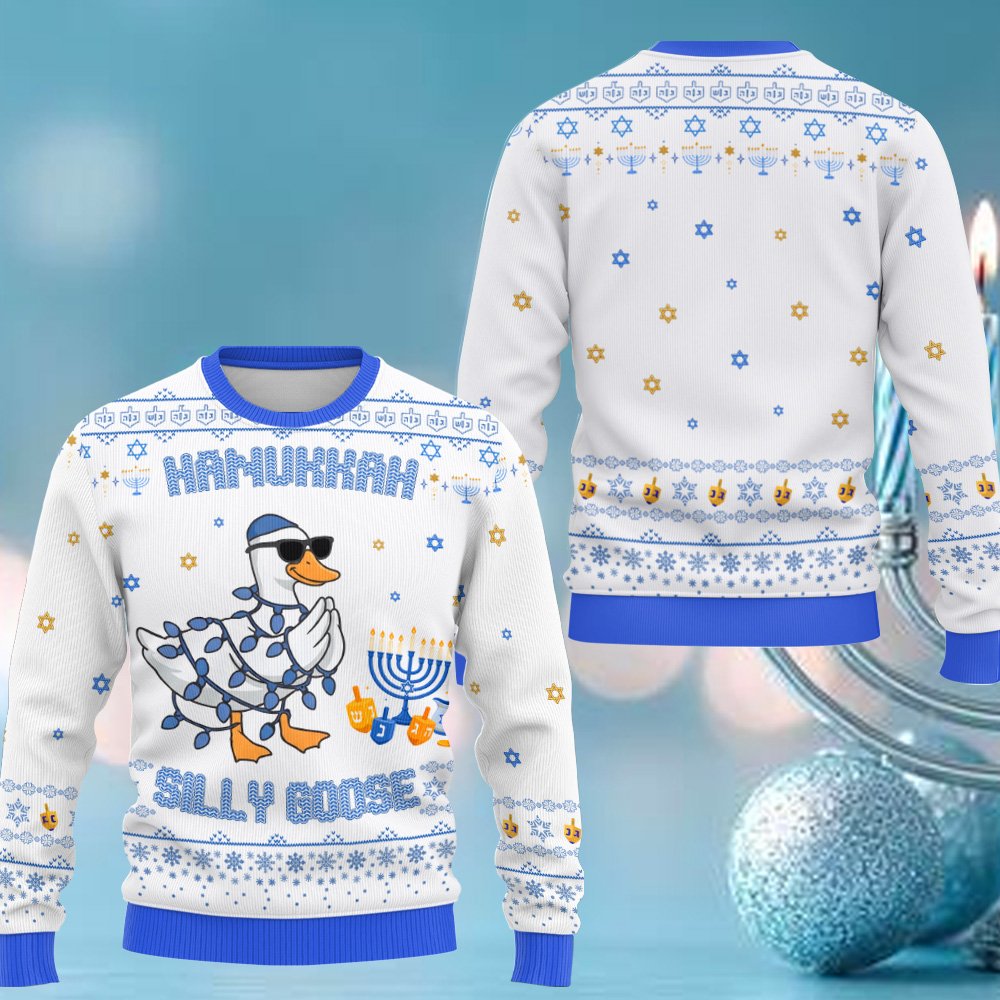 Alternative multicolor styling angled view of the hanukkah sweater