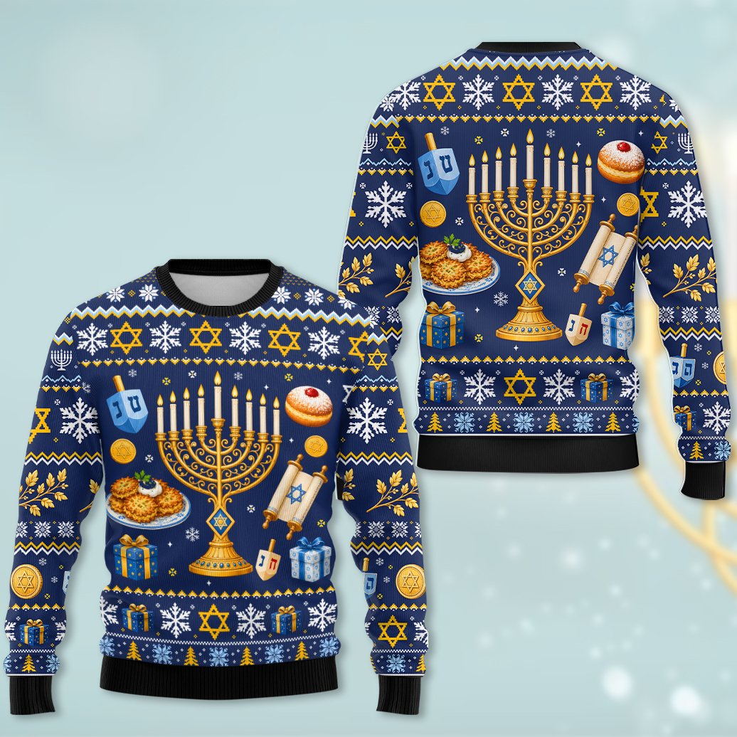 Flat lay view of the holiday ugly sweater pattern with Torah scrolls and snowflakes