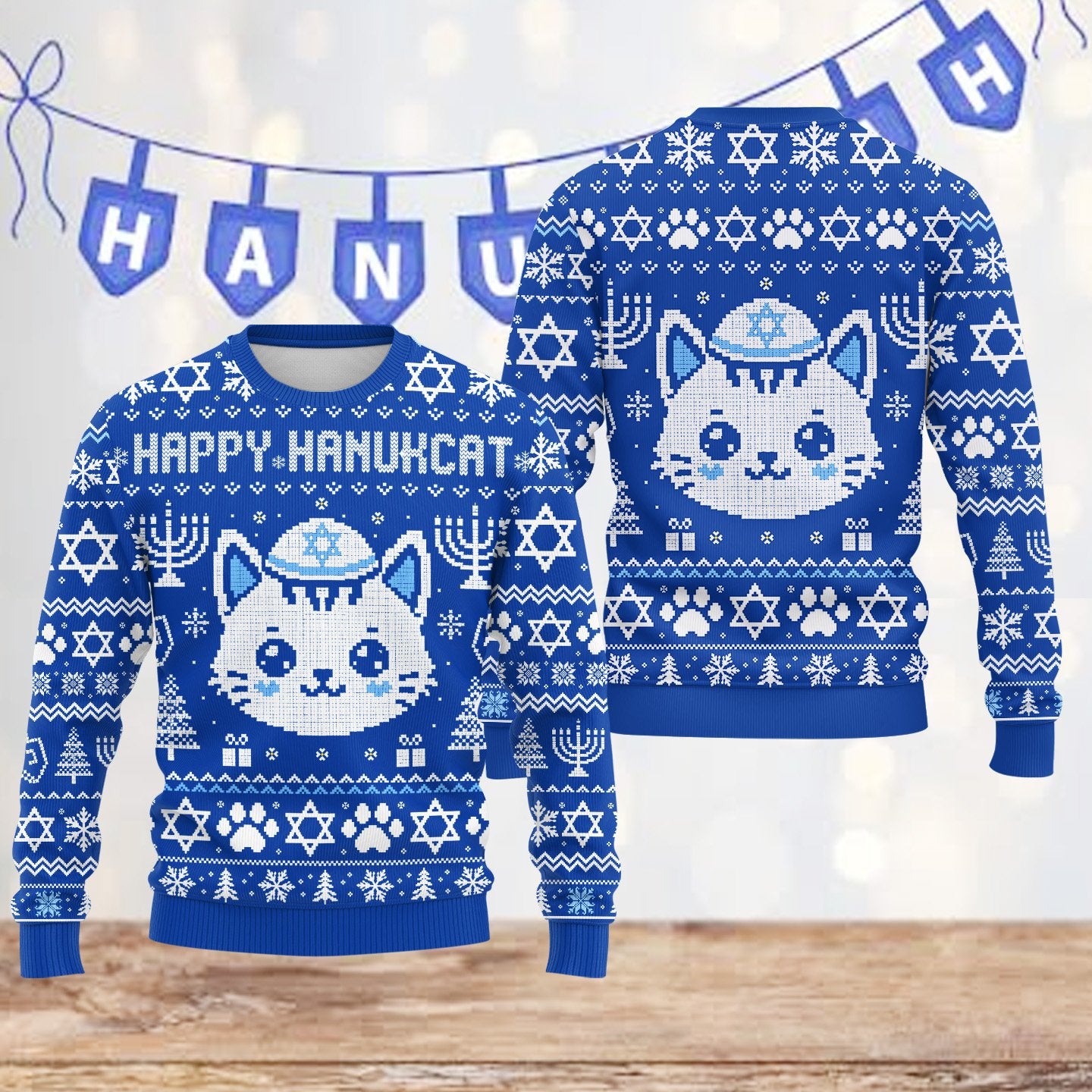 Front view of the ugly hanukkah sweater featuring a cat wearing a kippah