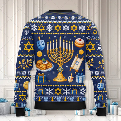 Back view of the navy ugly hanukkah sweater showing the repeating festive pattern