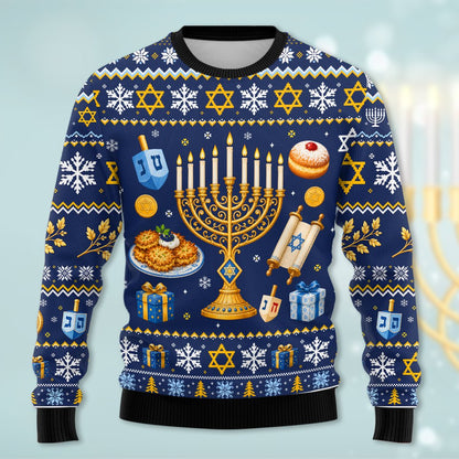 Detailed front view of the holiday ugly sweater highlighting the Star of David and gold accents