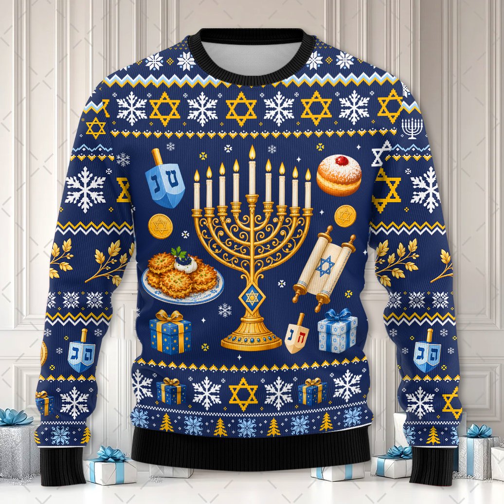 Adult ugly hanukkah sweater light up style with menorah and dreidel pattern on navy background, main view