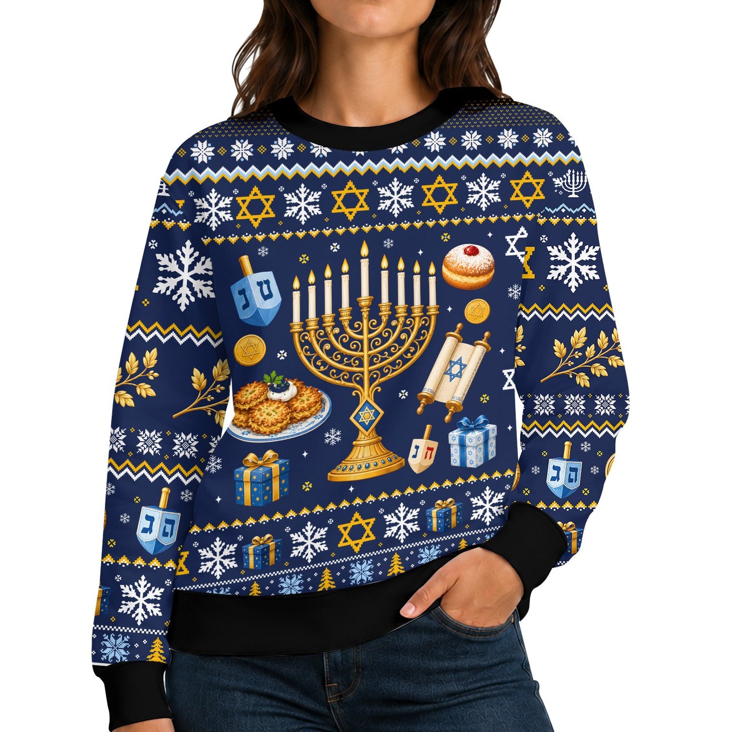Lifestyle view of a person wearing the navy ugly hanukkah sweater during winter