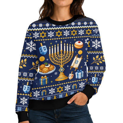 Lifestyle view of a person wearing the navy ugly hanukkah sweater during winter