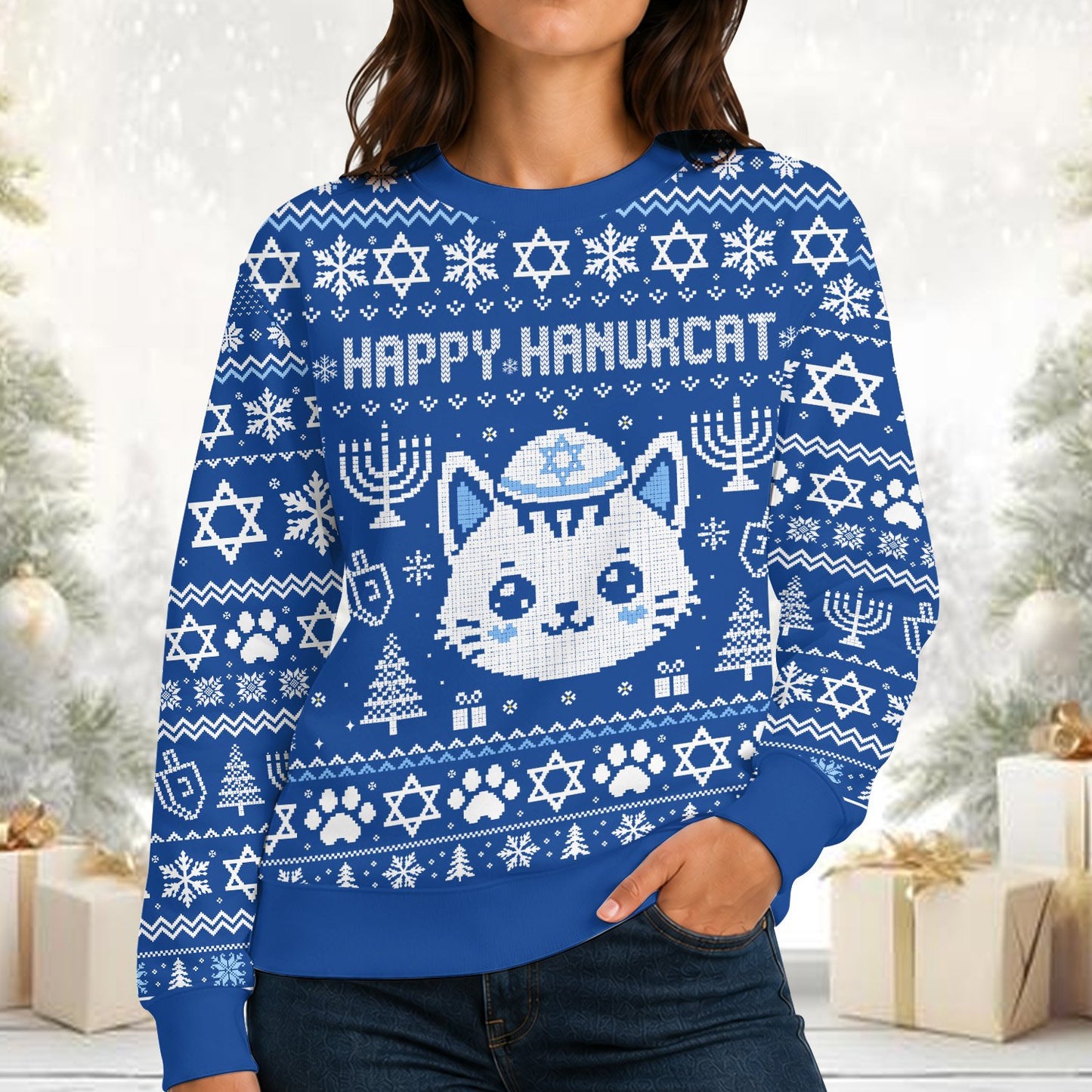 Second lifestyle view of the cat-themed ugly holiday sweater