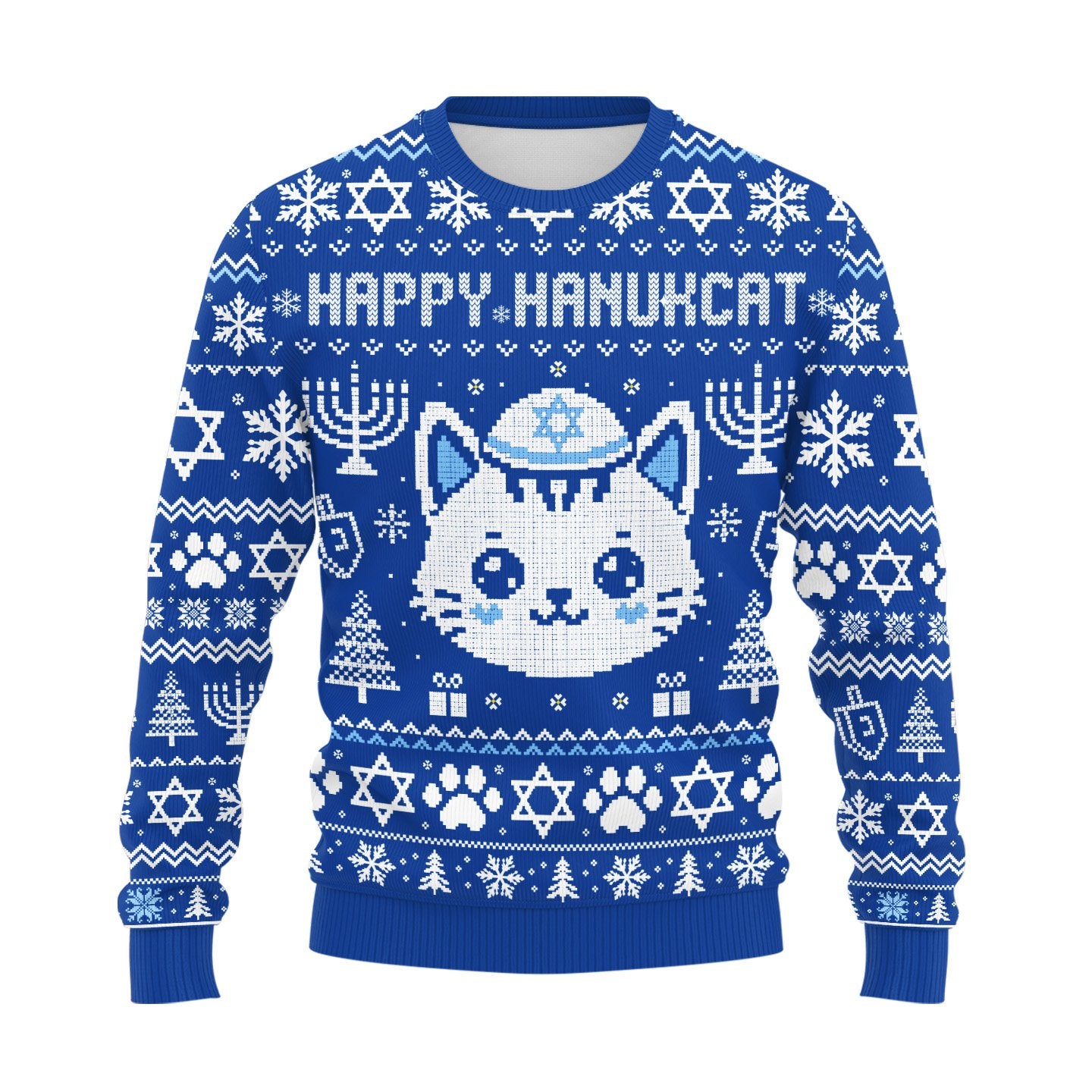 Third lifestyle view of the blue hanukkah holiday sweater