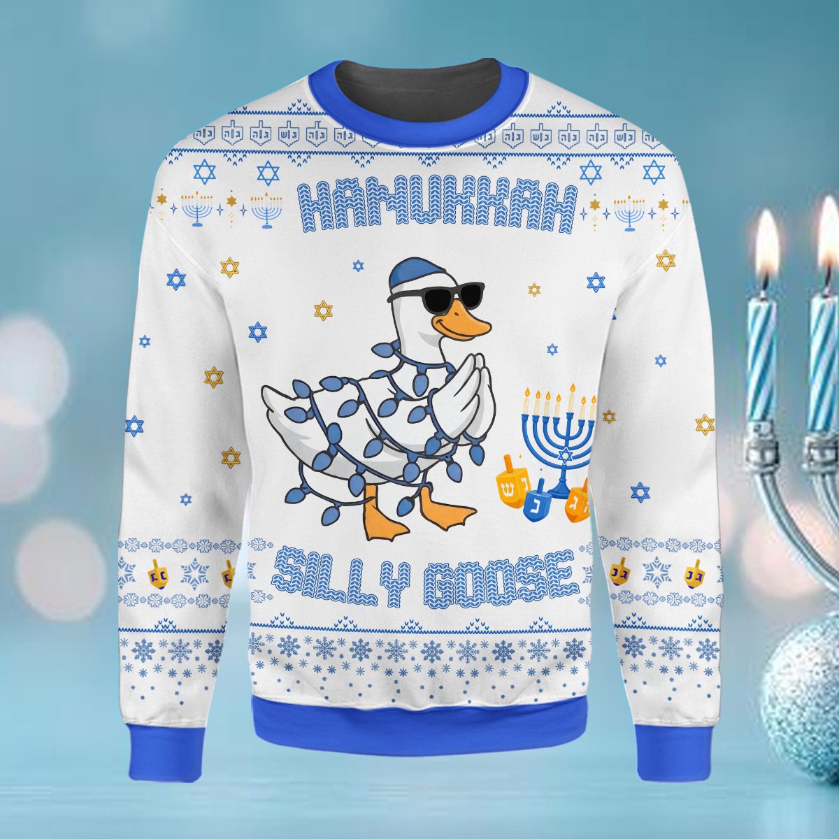 Alternative front view of the white hanukkah ugly sweater with blue cuffs and hem