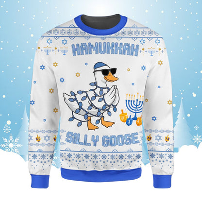 Additional front view showing the menorah and dreidel fair isle pattern on the holiday sweater