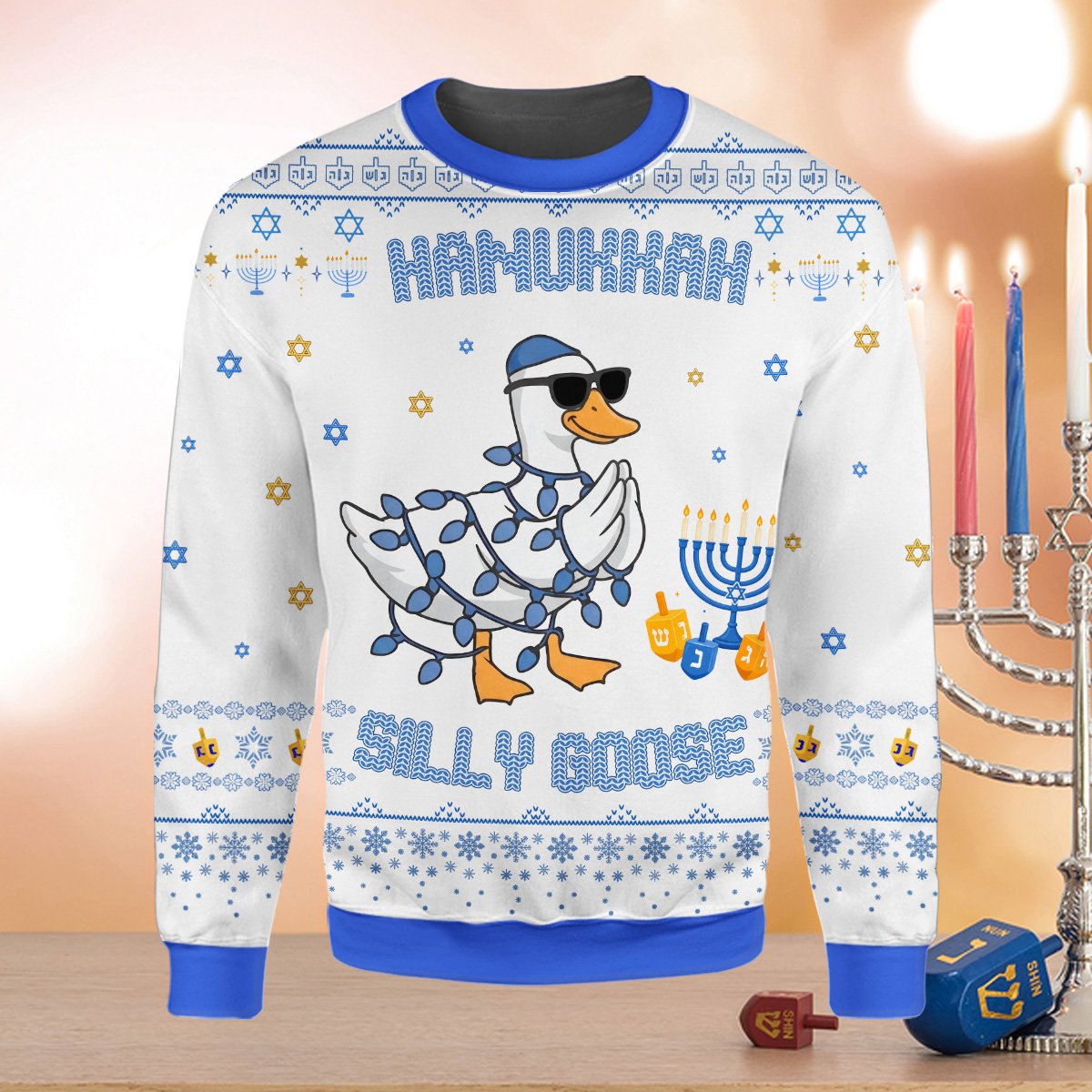 Close up front view of the silly goose hanukkah ugly sweater on a white background