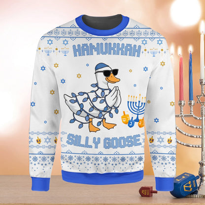 Close up front view of the silly goose hanukkah ugly sweater on a white background