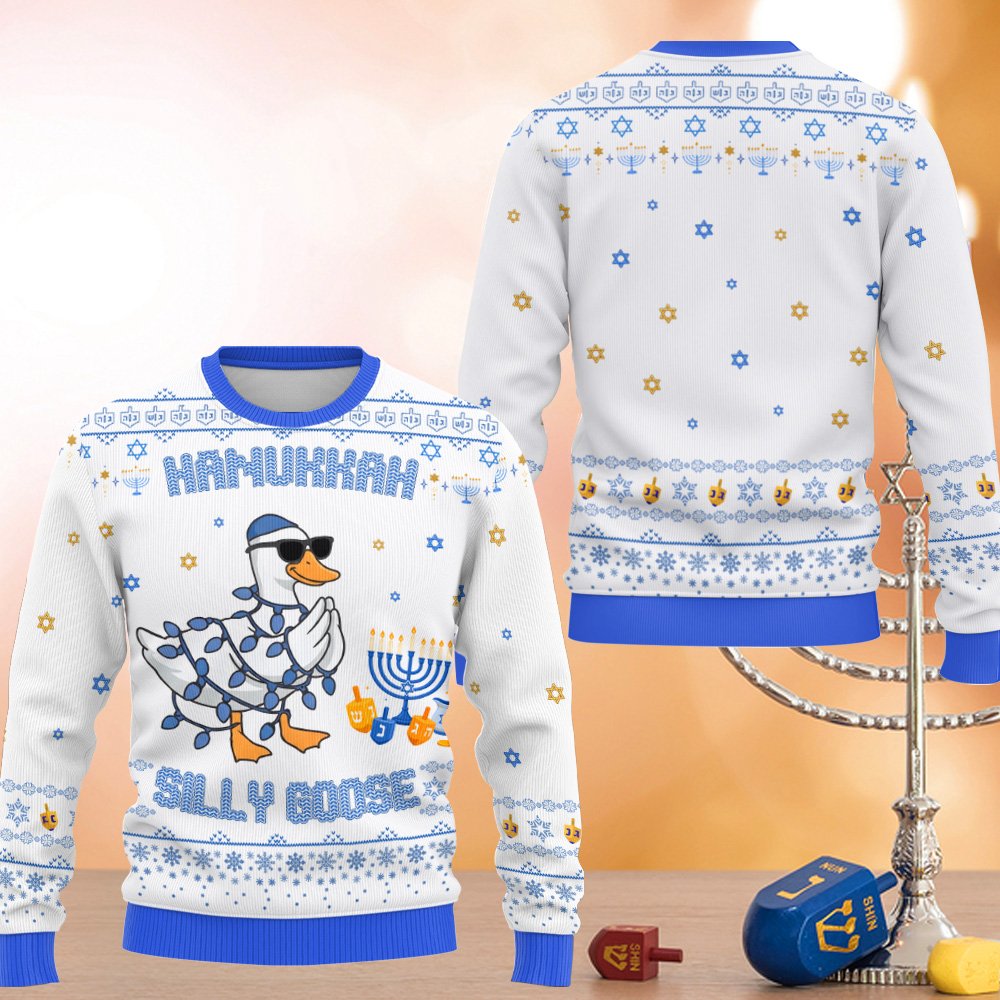 Angled view of the white hanukkah ugly sweater highlighting the blue string lights on the goose