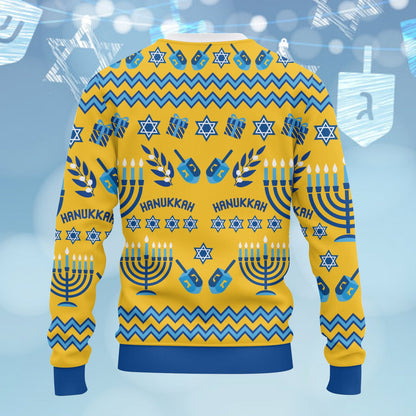 Detailed back view of the hanukkah sweater