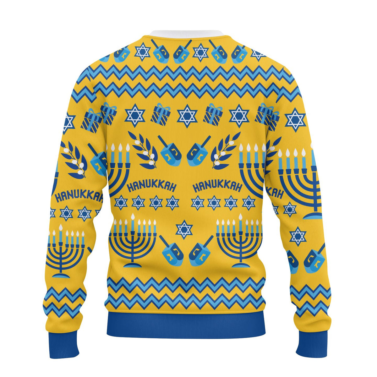 Back view of the yellow ugly hanukkah sweater