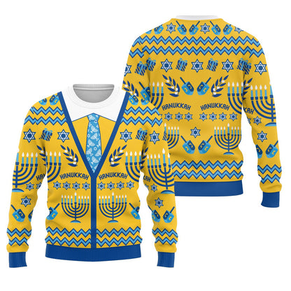 Detailed front view of the hanukkah ugly sweater