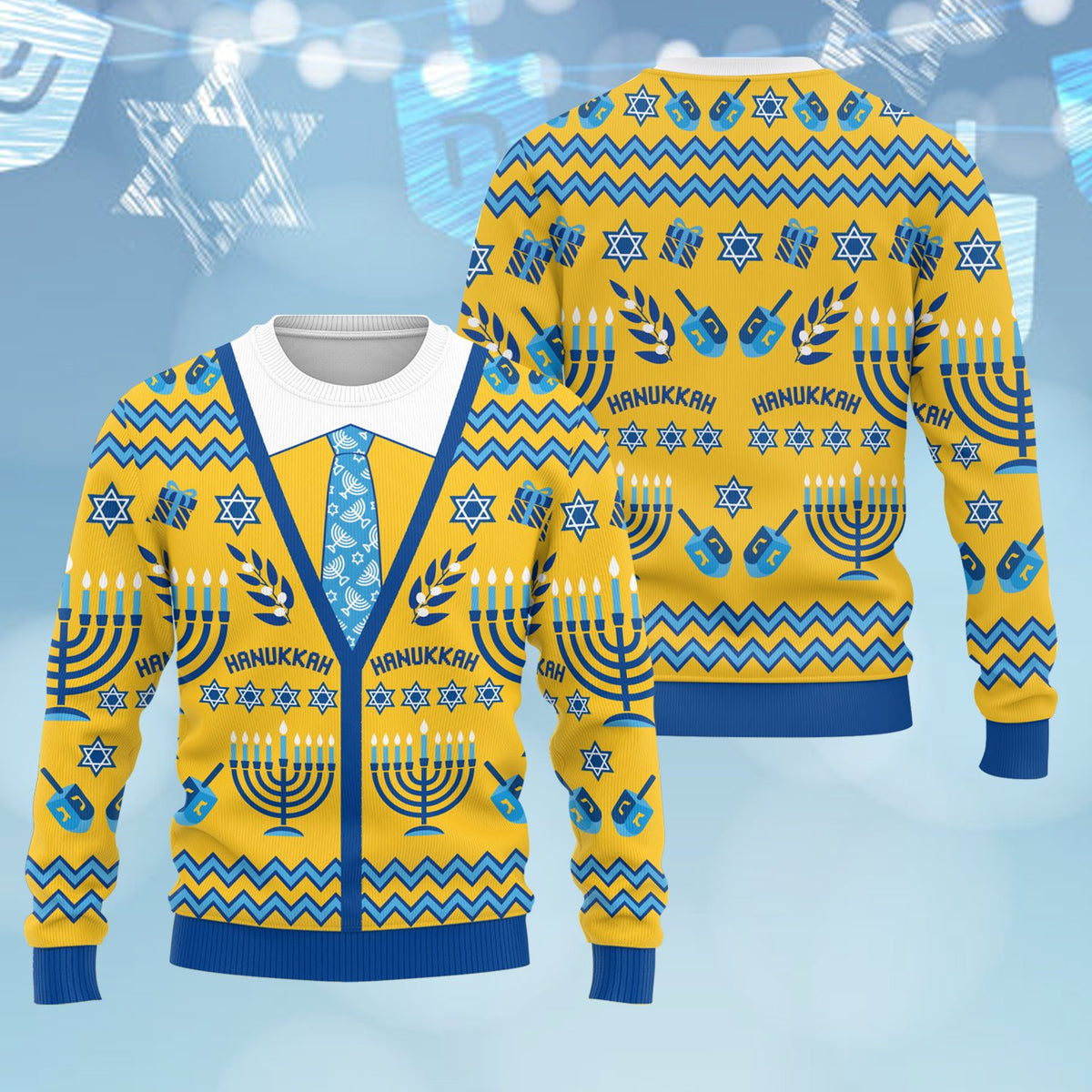 Close up front view of the yellow faux cardigan holiday sweater