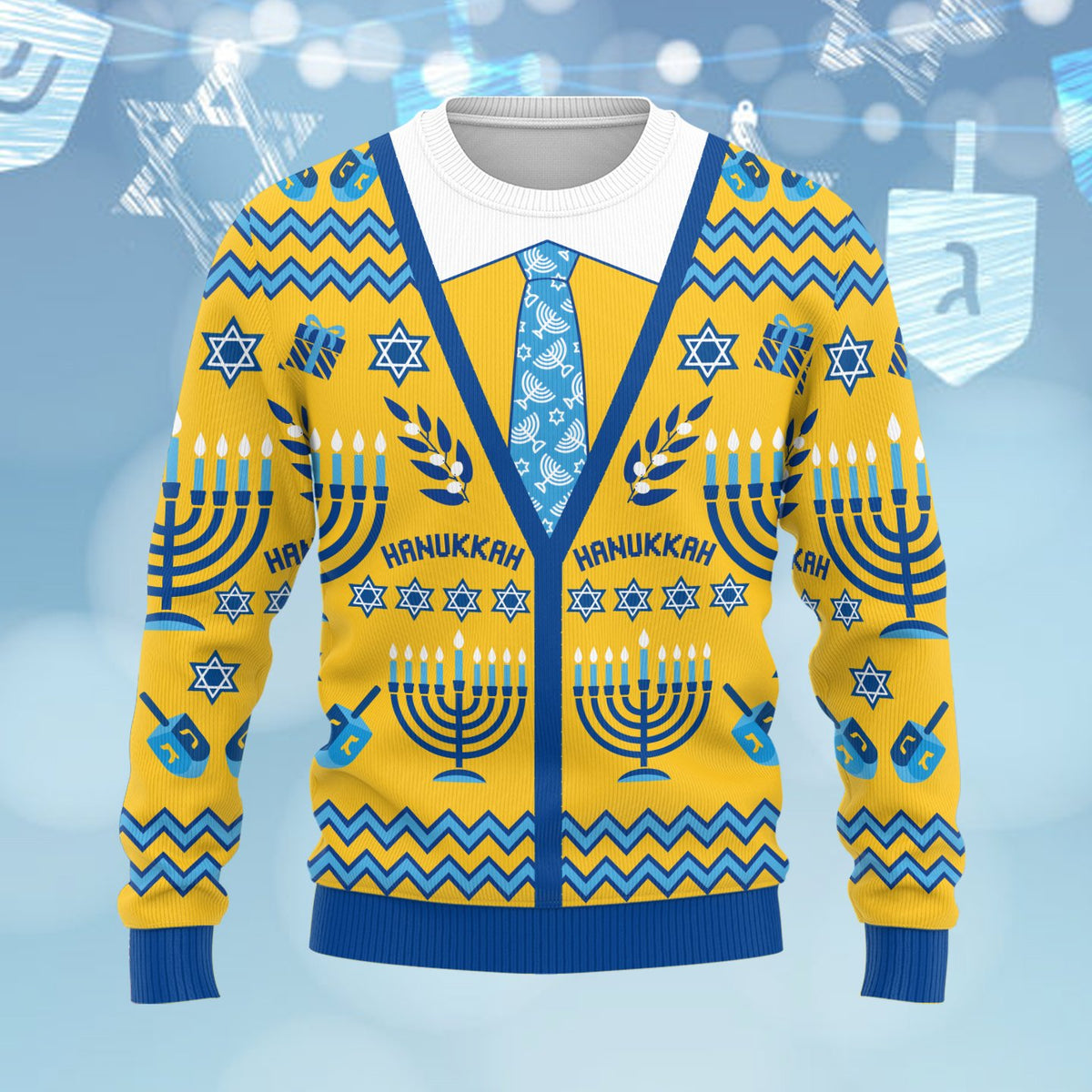 Front view of the yellow ugly hanukkah sweater with menorah and dreidel patterns