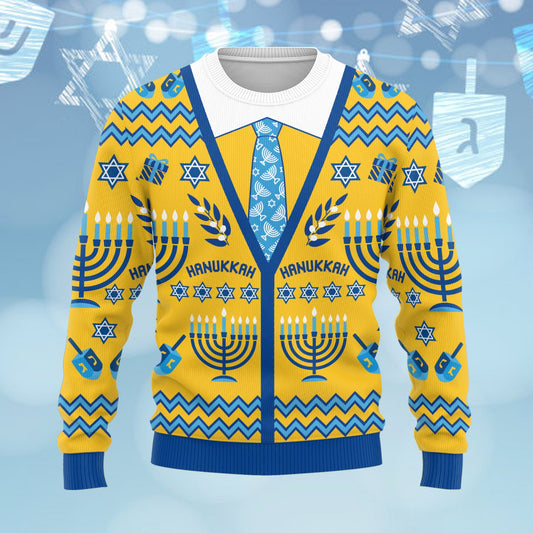 Yellow ugly hanukkah sweater with faux cardigan and tie design, main view