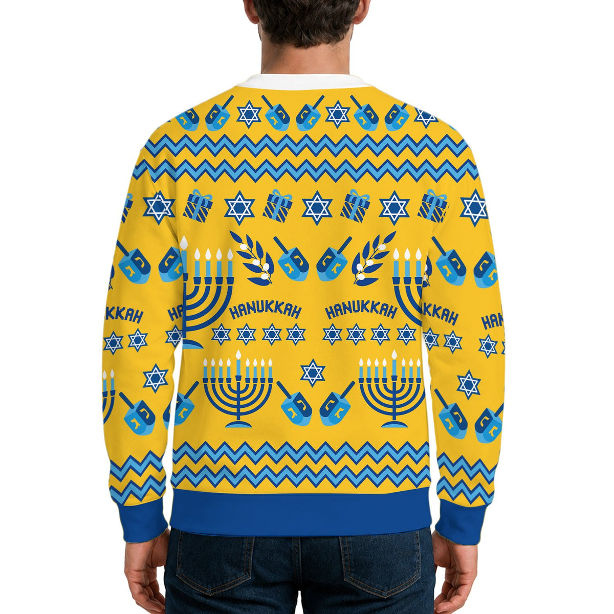 Lifestyle shot of the yellow faux cardigan holiday sweater