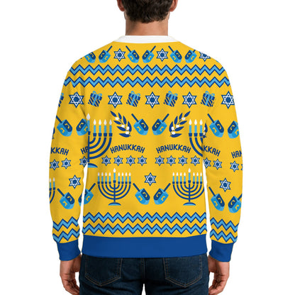 Lifestyle shot of the yellow faux cardigan holiday sweater