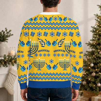 Final lifestyle image featuring the yellow ugly hanukkah sweater