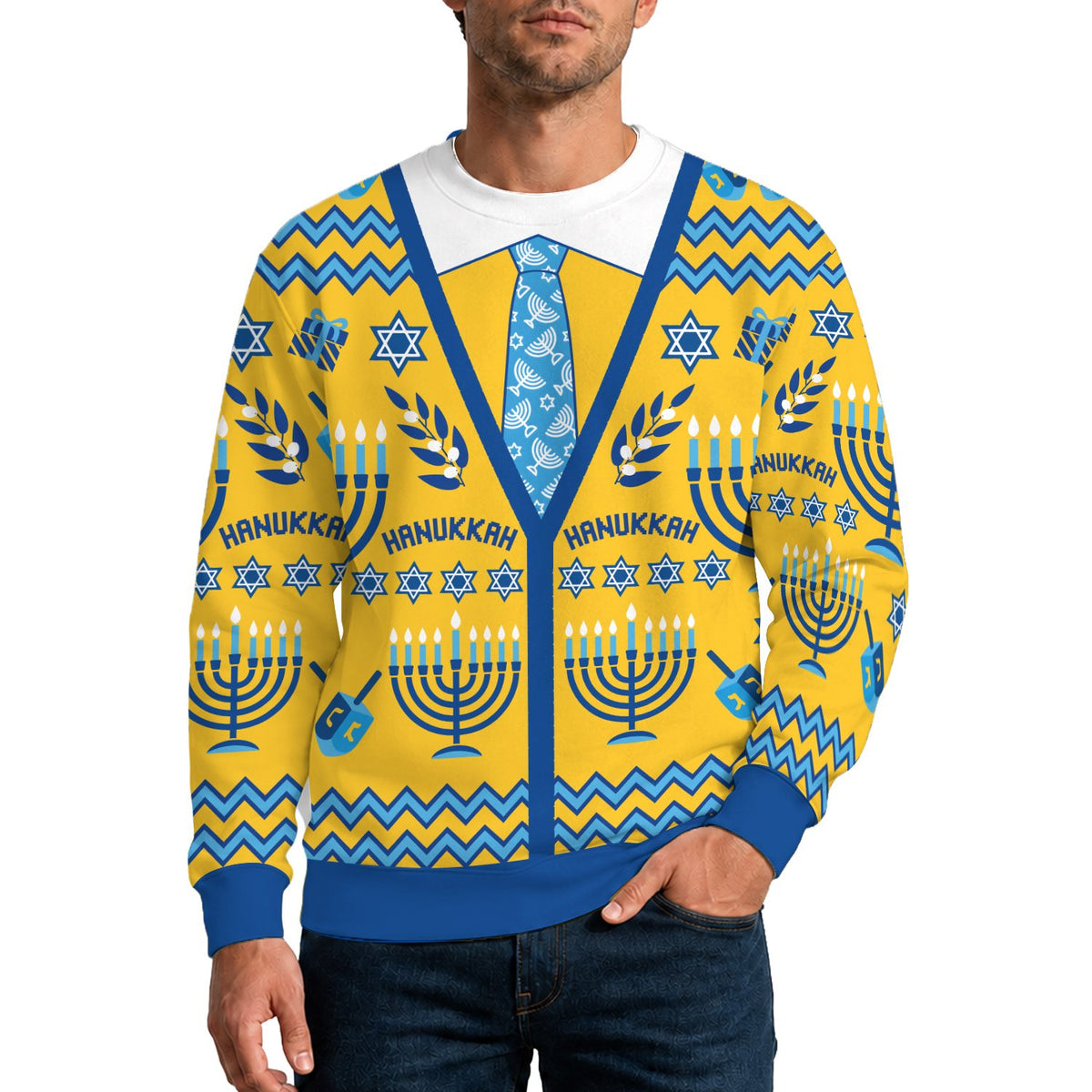 Lifestyle view of someone wearing the ugly hanukkah sweater