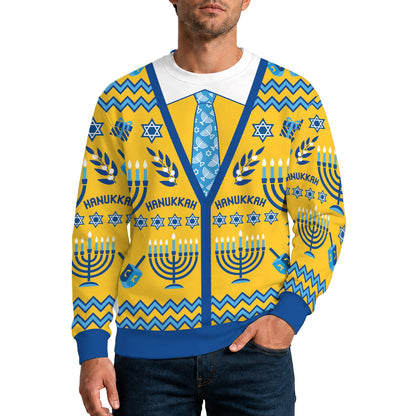 Lifestyle view of someone wearing the ugly hanukkah sweater