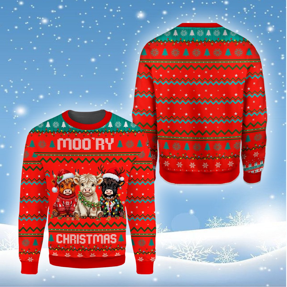 Detailed back view of the highland cow ugly christmas sweater